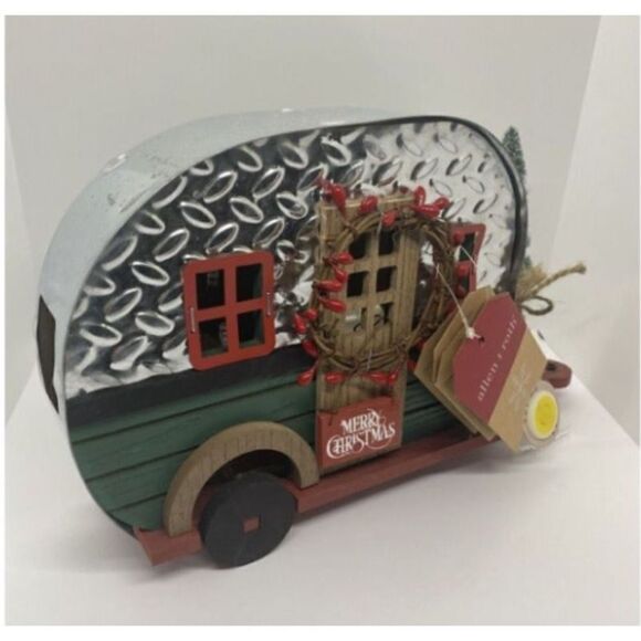 Vintage Metal Rustic Camper w/Merry Christmas Tree Lights Retro Woody Home Decor - Picture 2 of 8